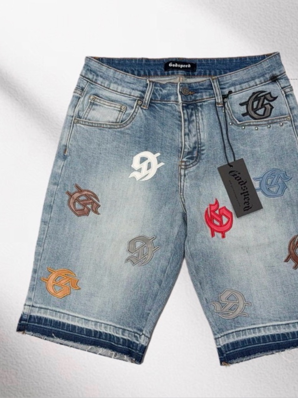 Godspeed Men’s Light Blue Logo Patch Denim Shorts